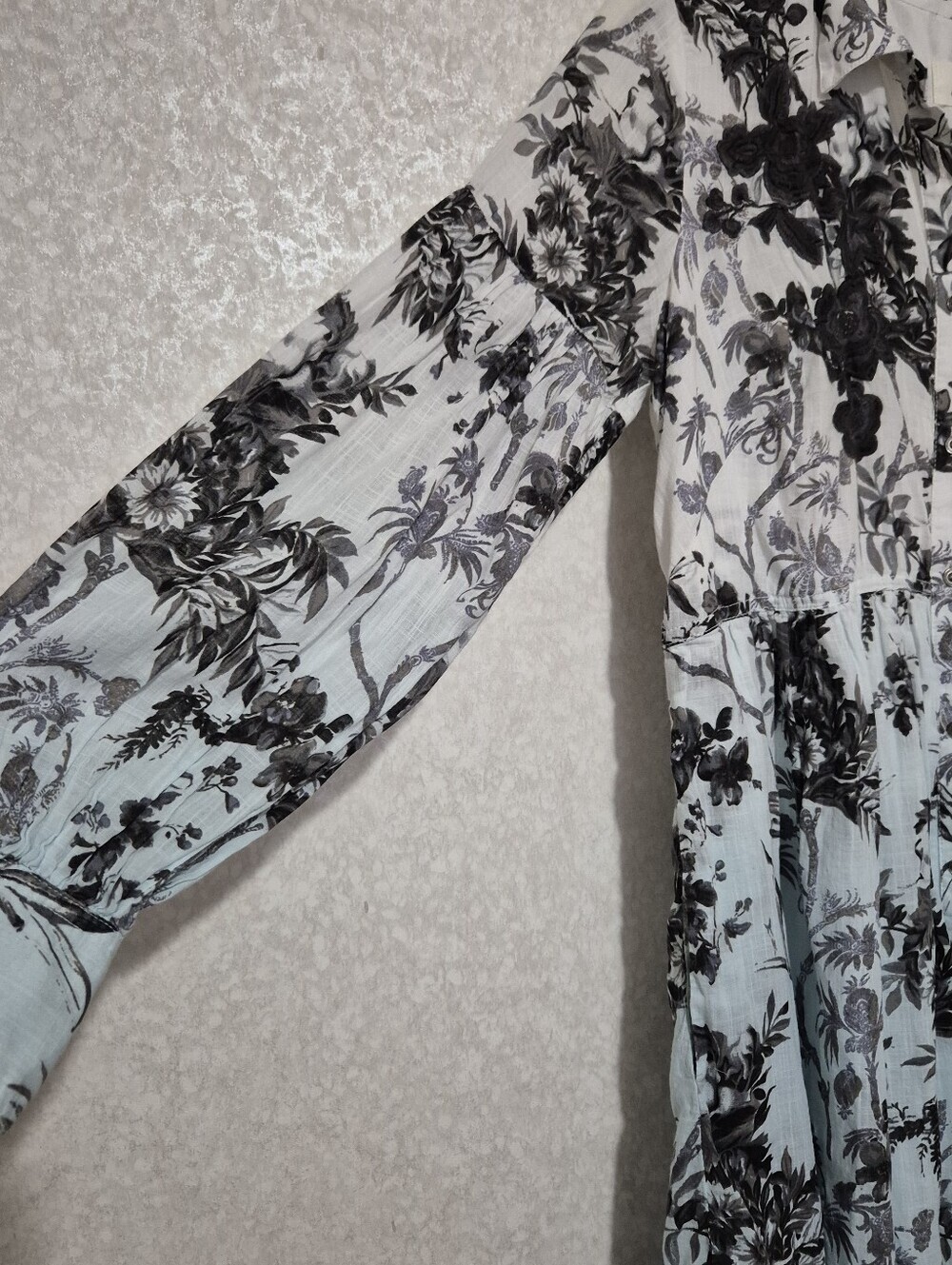 Anthropologie Pale Blue and White Black Floral Embroidery Tiered Shirt Dress-0 - Picture 6 of 13